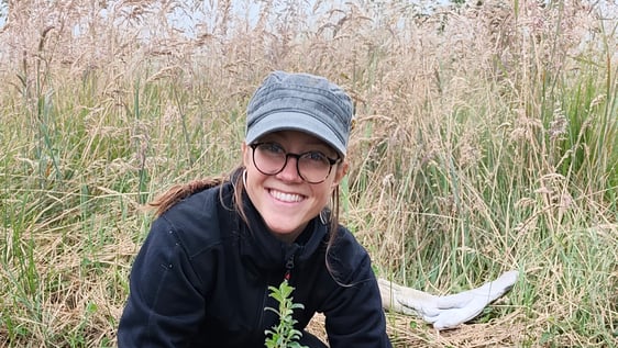 A happy volunteer planting an Escalonia native tree in former pastures