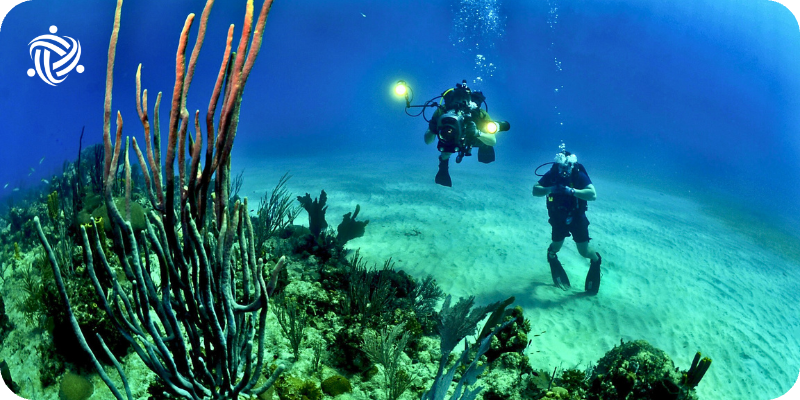 Scuba Divers making underwater photography of corals in Indonesia as Volunteers.